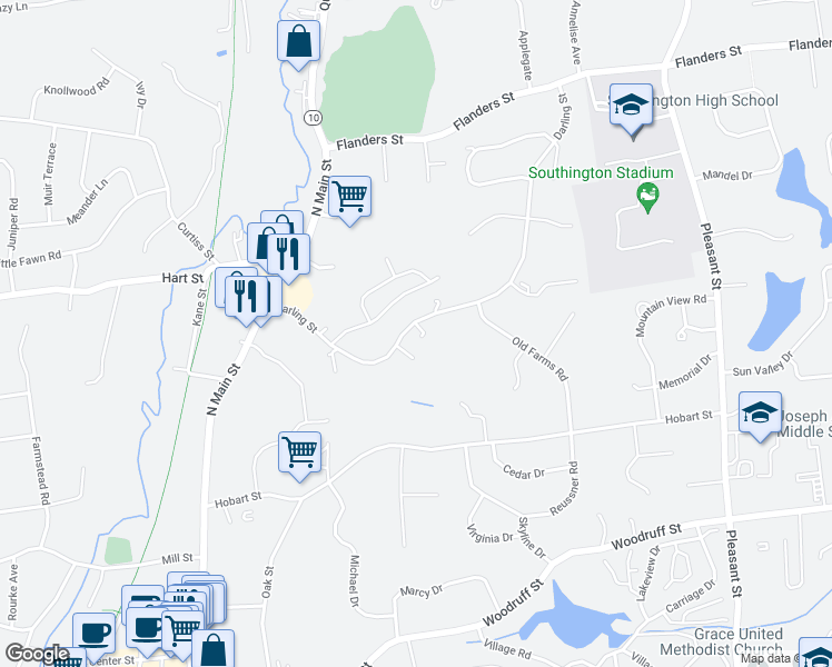 map of restaurants, bars, coffee shops, grocery stores, and more near 32 Darling Street in Southington
