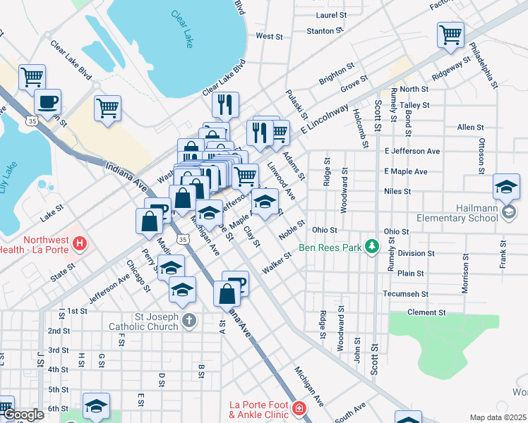map of restaurants, bars, coffee shops, grocery stores, and more near 404 Maple Avenue in La Porte