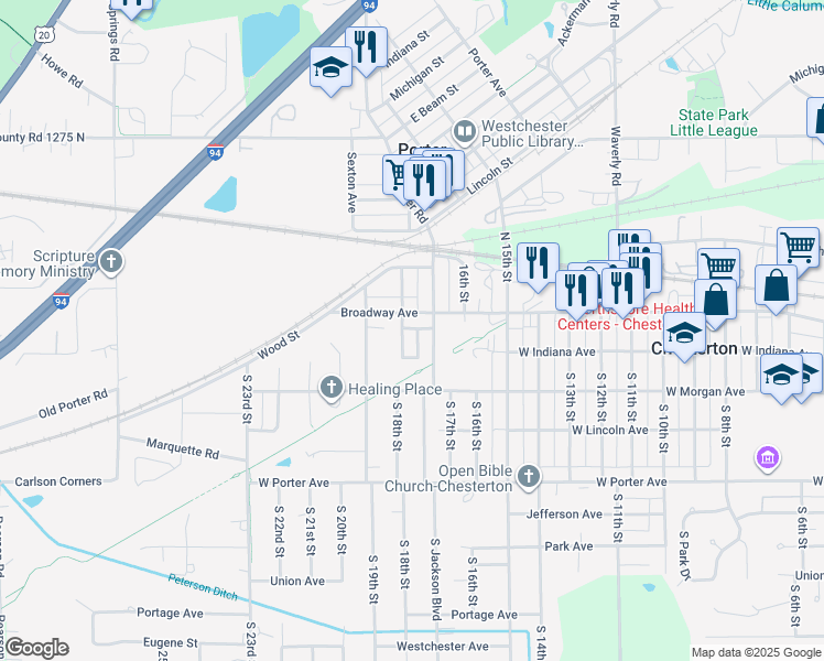 map of restaurants, bars, coffee shops, grocery stores, and more near 1715 Broadway in Chesterton