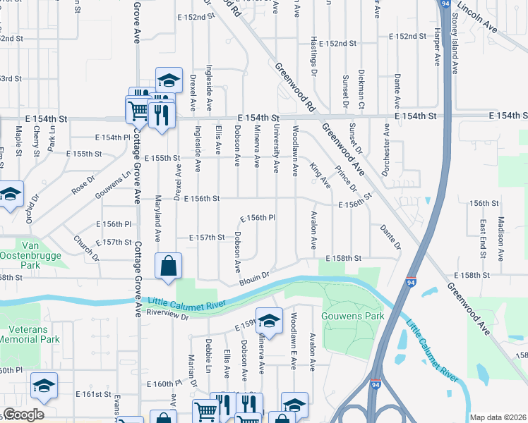 map of restaurants, bars, coffee shops, grocery stores, and more near 15600 University Avenue in Dolton
