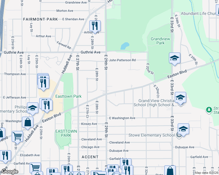 map of restaurants, bars, coffee shops, grocery stores, and more near 1919 East 29th Street in Des Moines