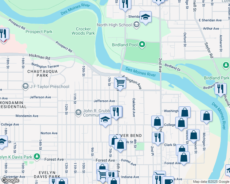 map of restaurants, bars, coffee shops, grocery stores, and more near in Des Moines