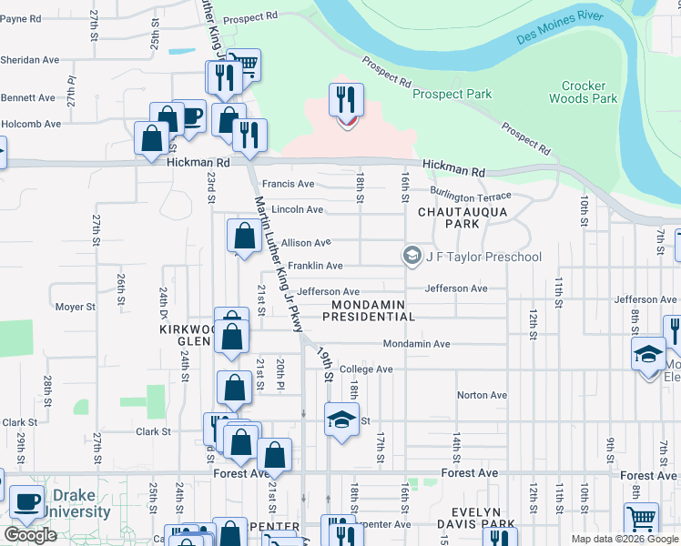 map of restaurants, bars, coffee shops, grocery stores, and more near 1819 Franklin Avenue in Des Moines