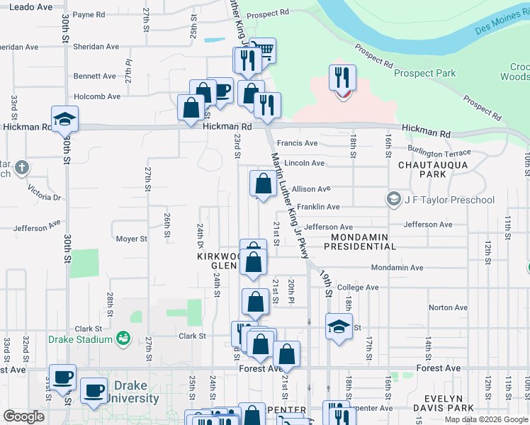 map of restaurants, bars, coffee shops, grocery stores, and more near 1909 22nd Street in Des Moines
