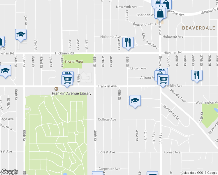map of restaurants, bars, coffee shops, grocery stores, and more near 4615 Franklin Avenue in Des Moines
