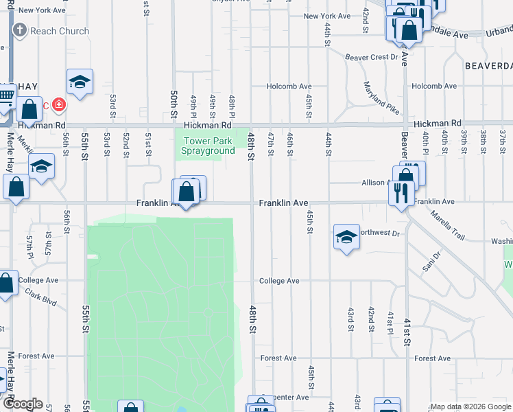 map of restaurants, bars, coffee shops, grocery stores, and more near 4719 Franklin Avenue in Des Moines