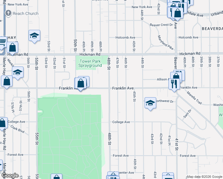 map of restaurants, bars, coffee shops, grocery stores, and more near 4719 Franklin Avenue in Des Moines