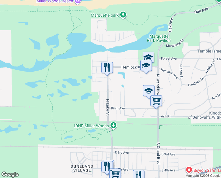 map of restaurants, bars, coffee shops, grocery stores, and more near 307 North Lake Street in Gary