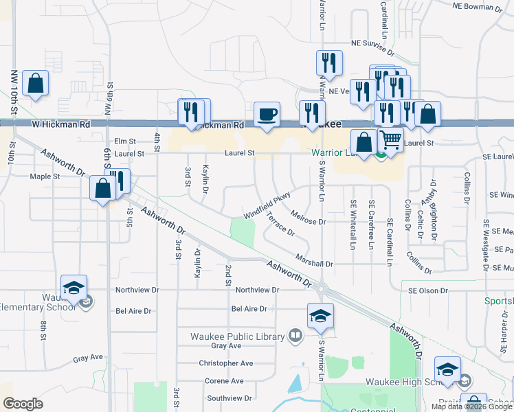 map of restaurants, bars, coffee shops, grocery stores, and more near 75 Windfield Parkway in Waukee