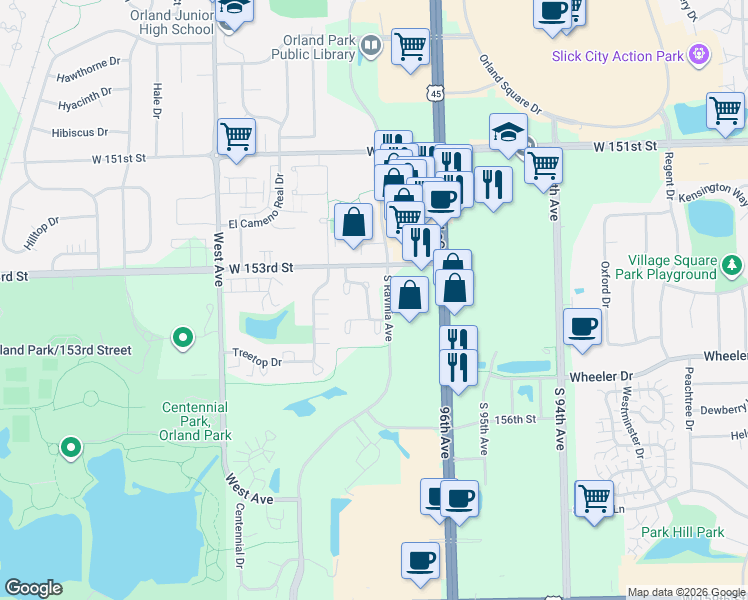 map of restaurants, bars, coffee shops, grocery stores, and more near 15321 Wilshire Drive in Orland Park