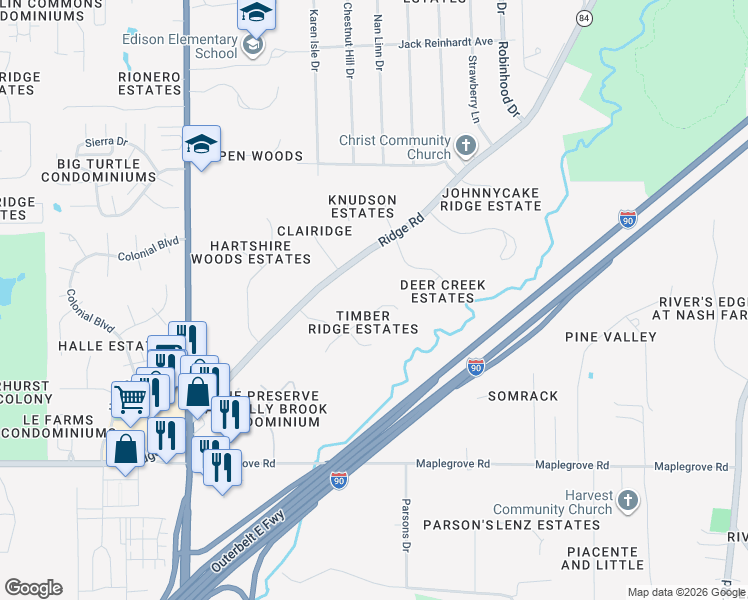 map of restaurants, bars, coffee shops, grocery stores, and more near 35865 Timber Ridge Lane in Willoughby
