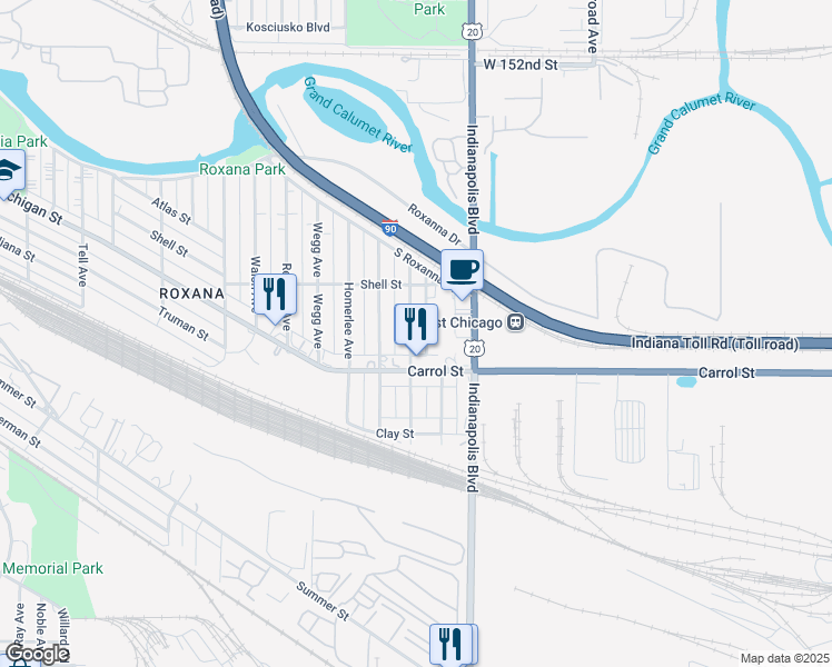 map of restaurants, bars, coffee shops, grocery stores, and more near 5619 Baring Ave in East Chicago