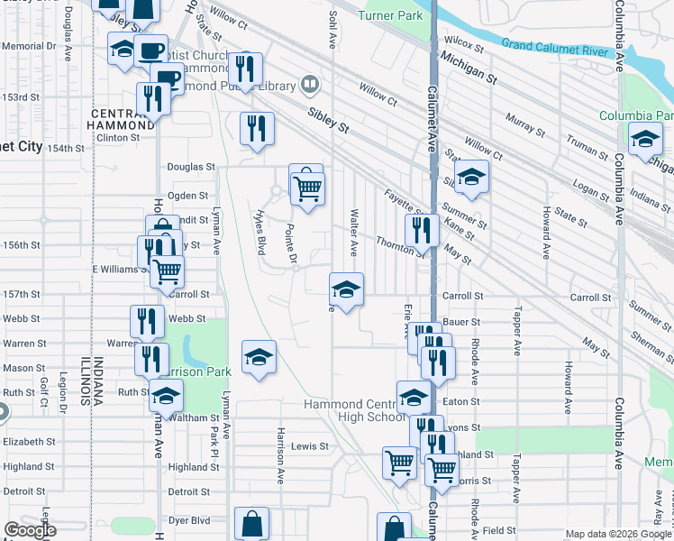 map of restaurants, bars, coffee shops, grocery stores, and more near 5630 Walter Avenue in Hammond