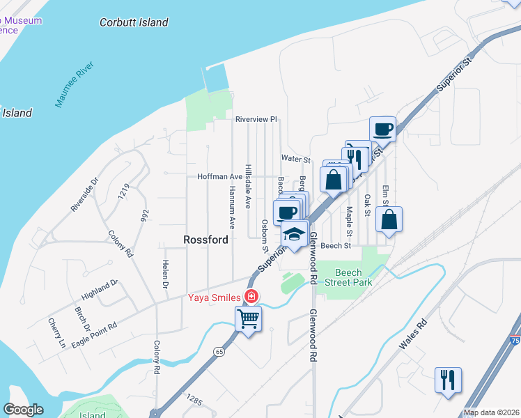 map of restaurants, bars, coffee shops, grocery stores, and more near 172 Osborne Street in Rossford