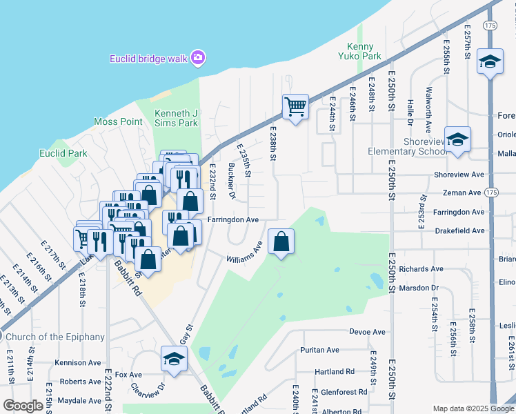 map of restaurants, bars, coffee shops, grocery stores, and more near 335 East 235th Street in Euclid