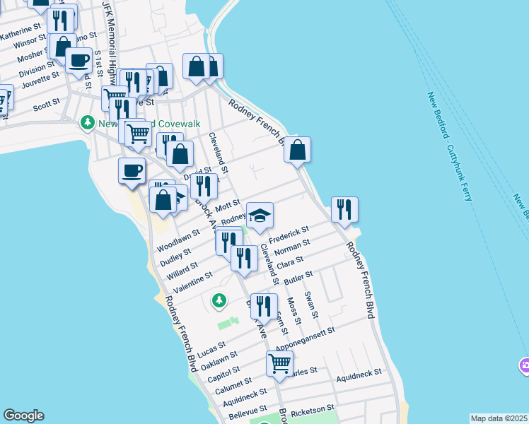map of restaurants, bars, coffee shops, grocery stores, and more near 67 Rodney Street in New Bedford