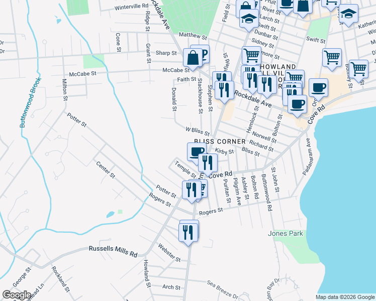 map of restaurants, bars, coffee shops, grocery stores, and more near 22 West Bliss Street in Dartmouth