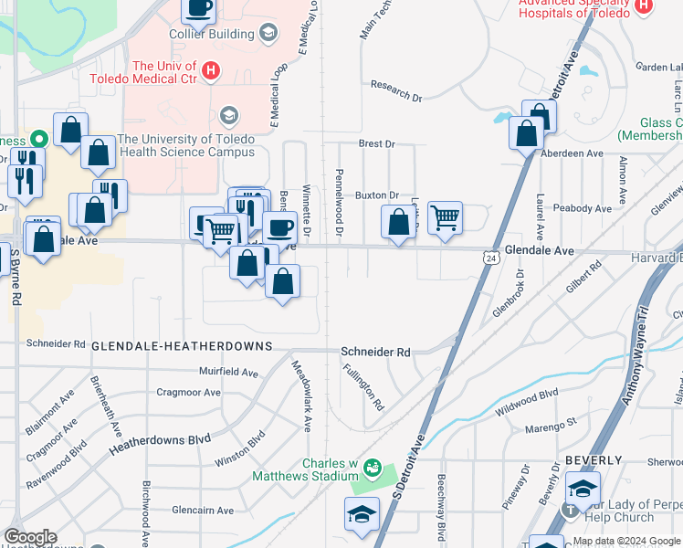 map of restaurants, bars, coffee shops, grocery stores, and more near 1521 Pennelwood Drive in Toledo