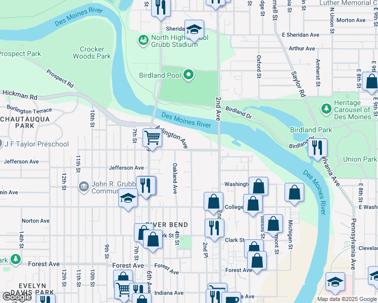 map of restaurants, bars, coffee shops, grocery stores, and more near 253 Franklin Avenue in Des Moines