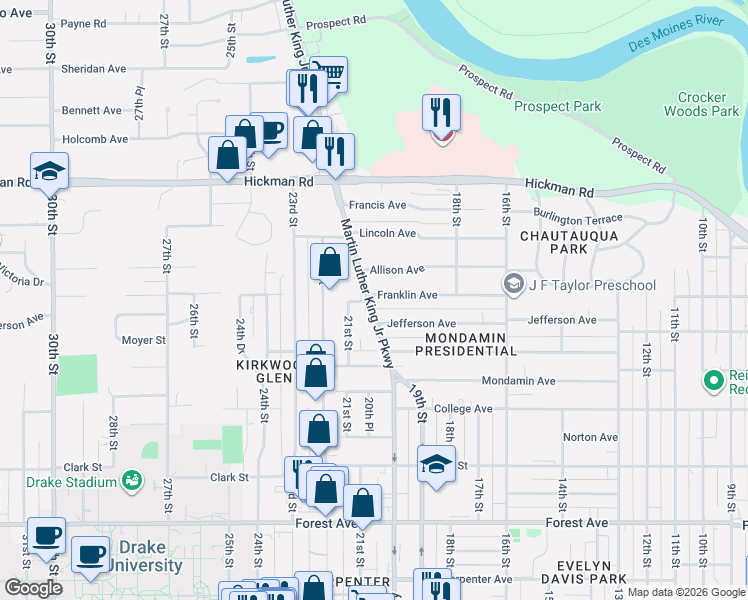 map of restaurants, bars, coffee shops, grocery stores, and more near 1901 Martin Luther King Junior Parkway in Des Moines