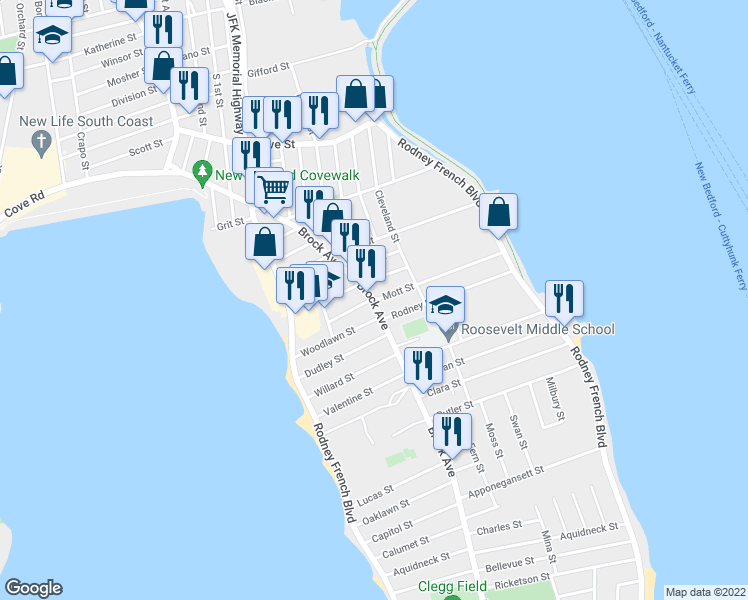 map of restaurants, bars, coffee shops, grocery stores, and more near 748 Brock Avenue in New Bedford