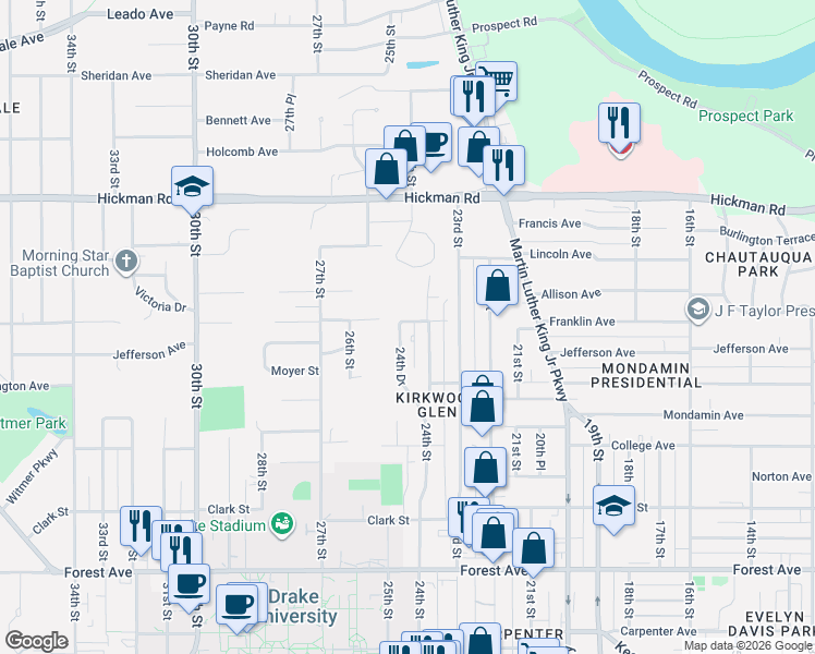 map of restaurants, bars, coffee shops, grocery stores, and more near 2401 Franklin Avenue in Des Moines