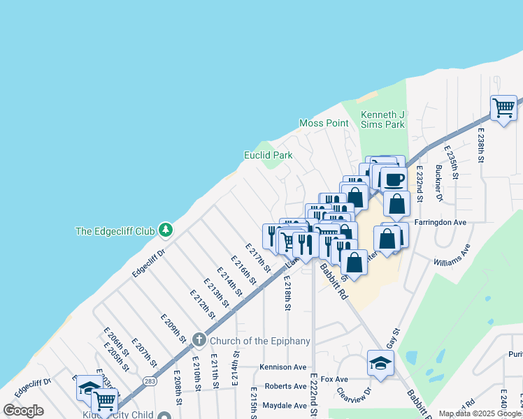 map of restaurants, bars, coffee shops, grocery stores, and more near 74 East 220th Street in Euclid