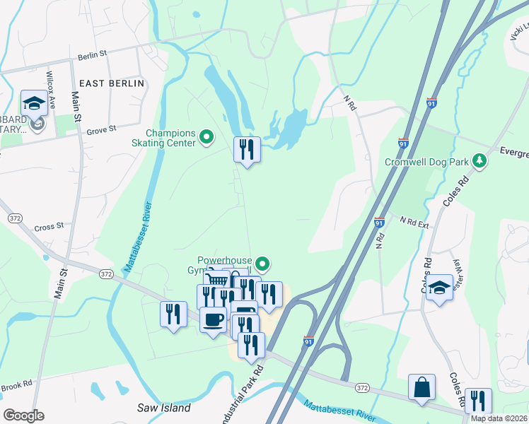 map of restaurants, bars, coffee shops, grocery stores, and more near 104 Sebethe Drive in Cromwell
