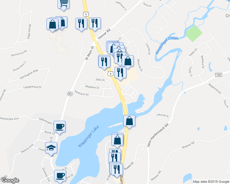 map of restaurants, bars, coffee shops, grocery stores, and more near 52 Swenson Drive in Wappingers Falls