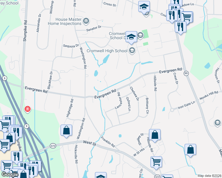 map of restaurants, bars, coffee shops, grocery stores, and more near 60 Evergreen Road in Cromwell