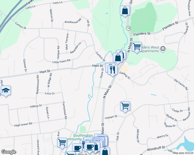 map of restaurants, bars, coffee shops, grocery stores, and more near 74 Kane Street in Southington