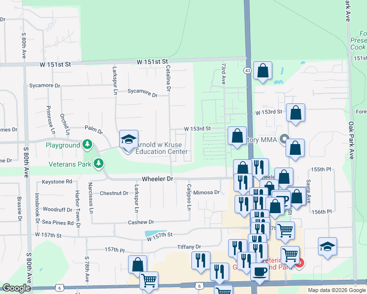 map of restaurants, bars, coffee shops, grocery stores, and more near 15356 Aubrieta Lane in Orland Park