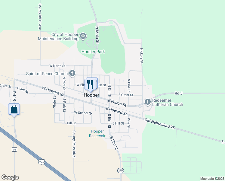 map of restaurants, bars, coffee shops, grocery stores, and more near 303 East Elk Street in Hooper