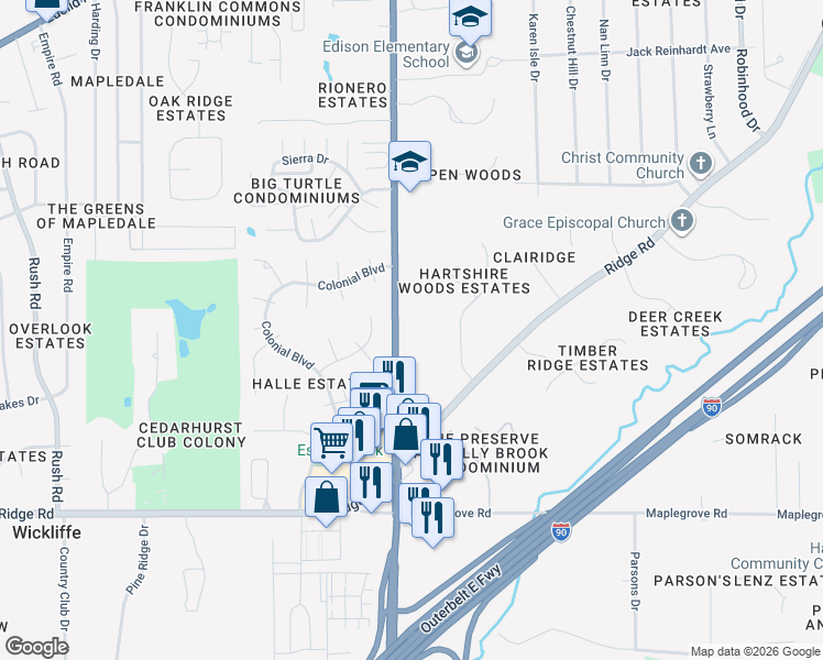 map of restaurants, bars, coffee shops, grocery stores, and more near 5701 Som Center Road in Willoughby