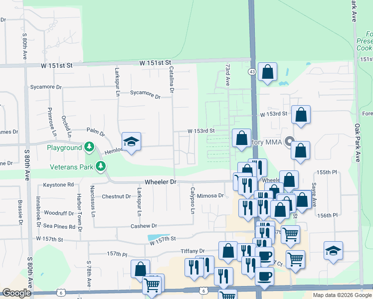 map of restaurants, bars, coffee shops, grocery stores, and more near 15356 Aubrieta Lane in Orland Park