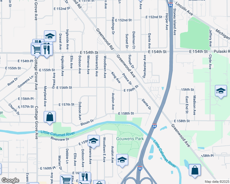 map of restaurants, bars, coffee shops, grocery stores, and more near 15615 Avalon Avenue in South Holland