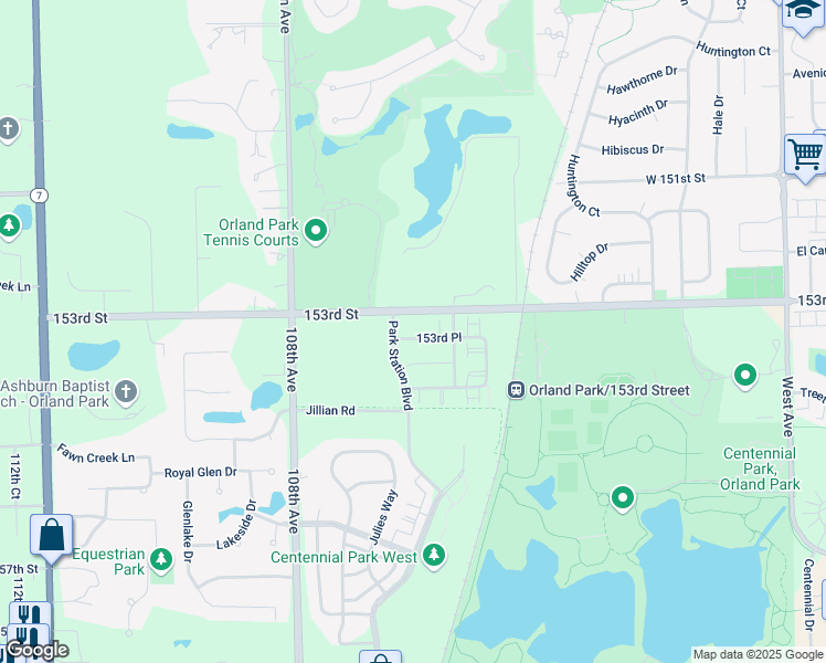 map of restaurants, bars, coffee shops, grocery stores, and more near 10655 West 153rd Street in Orland Park