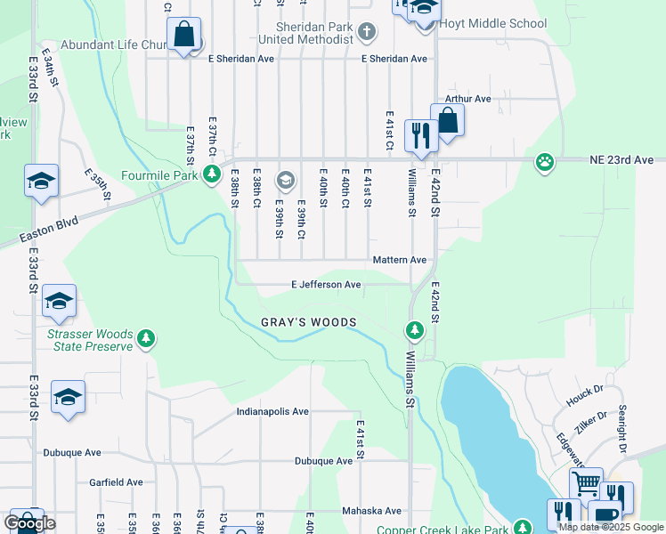 map of restaurants, bars, coffee shops, grocery stores, and more near 4019 Mattern Avenue in Des Moines