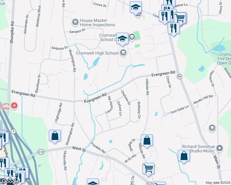 map of restaurants, bars, coffee shops, grocery stores, and more near 56 Evergreen Road in Cromwell