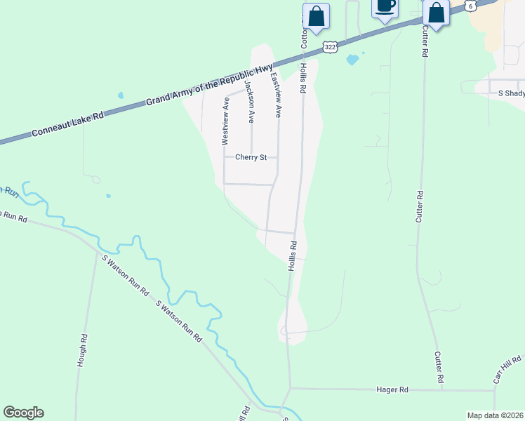 map of restaurants, bars, coffee shops, grocery stores, and more near 10609 Eastview Avenue in Meadville