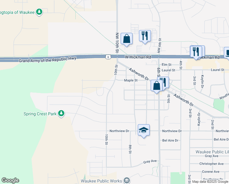 map of restaurants, bars, coffee shops, grocery stores, and more near 413 Spring Crest Lane in Waukee