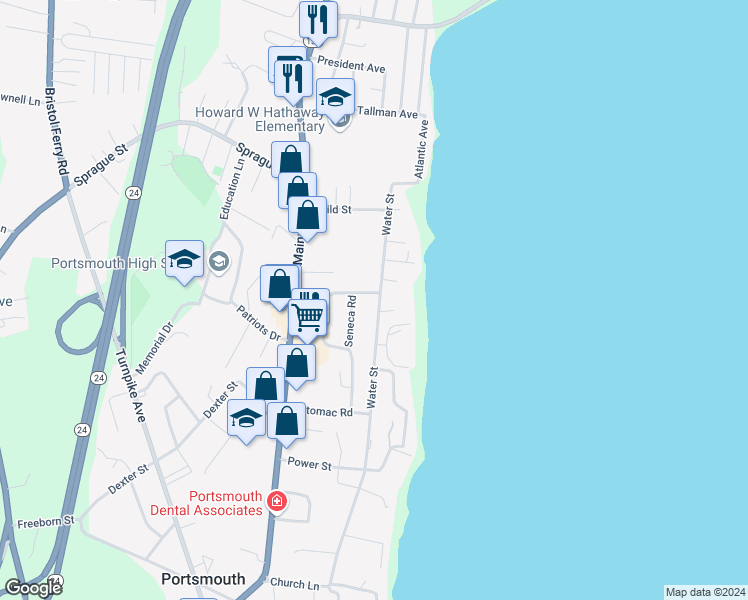 map of restaurants, bars, coffee shops, grocery stores, and more near 346 Water Street in Portsmouth