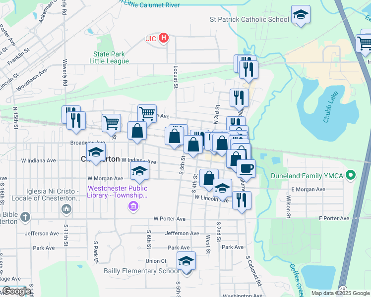 map of restaurants, bars, coffee shops, grocery stores, and more near 424 Broadway in Chesterton