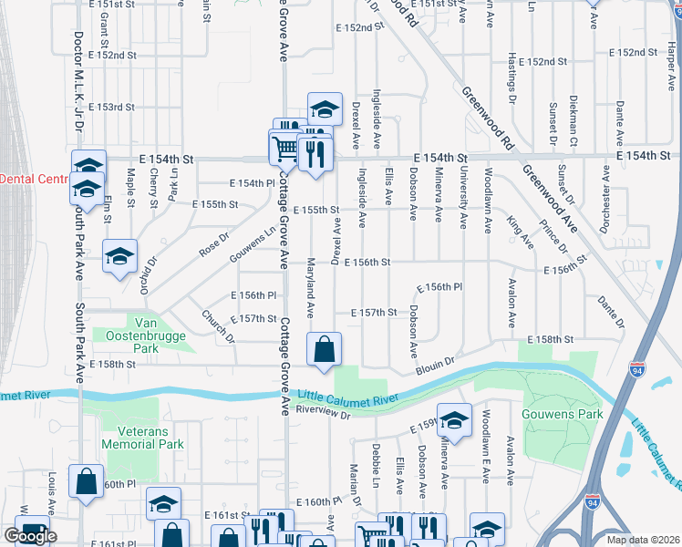 map of restaurants, bars, coffee shops, grocery stores, and more near 15611 Drexel Avenue in Dolton