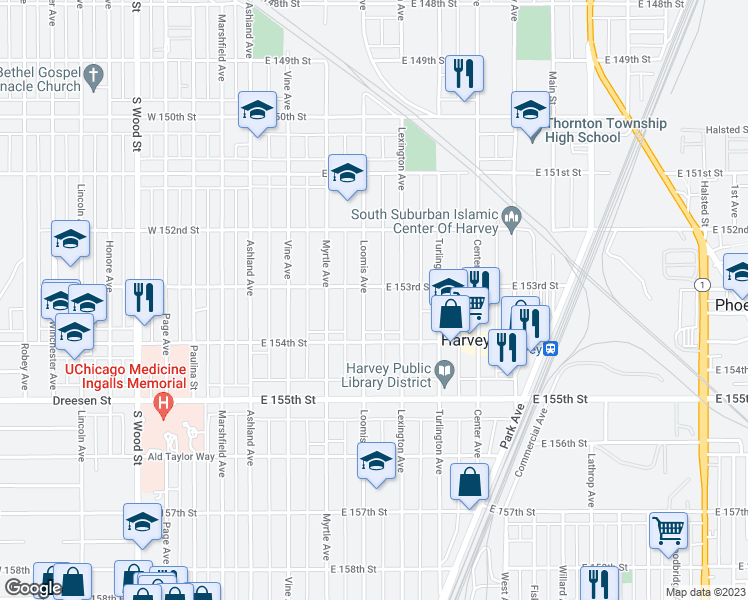 map of restaurants, bars, coffee shops, grocery stores, and more near 15307 Loomis Avenue in Harvey