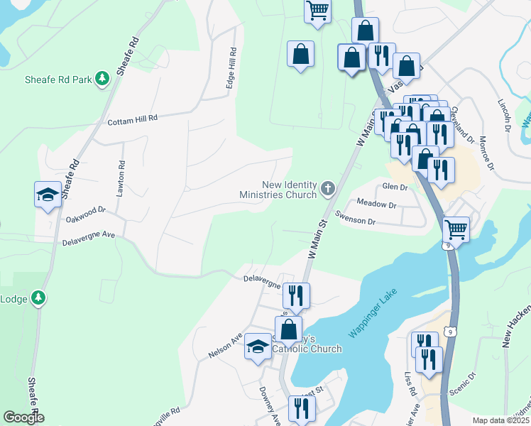 map of restaurants, bars, coffee shops, grocery stores, and more near 22 Tanglewood Drive in Wappingers Falls