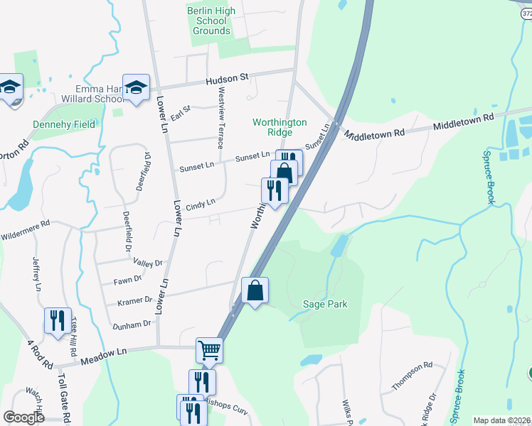 map of restaurants, bars, coffee shops, grocery stores, and more near 1175 Worthington Ridge in Berlin