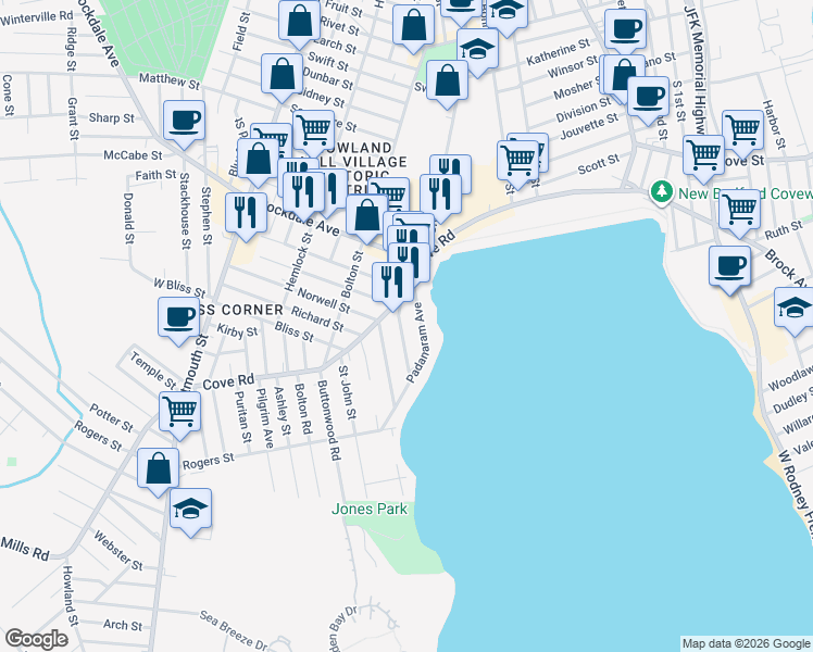 map of restaurants, bars, coffee shops, grocery stores, and more near 1532 Cove Road in New Bedford