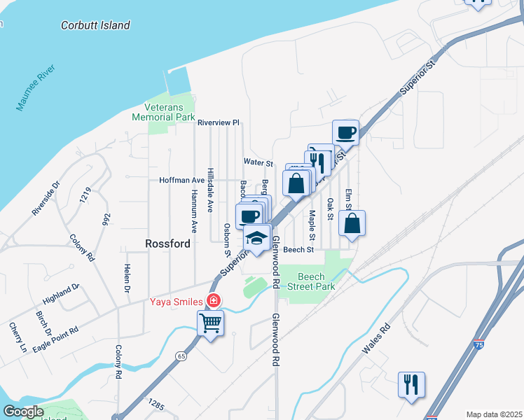 map of restaurants, bars, coffee shops, grocery stores, and more near 125 Bergin Street in Rossford