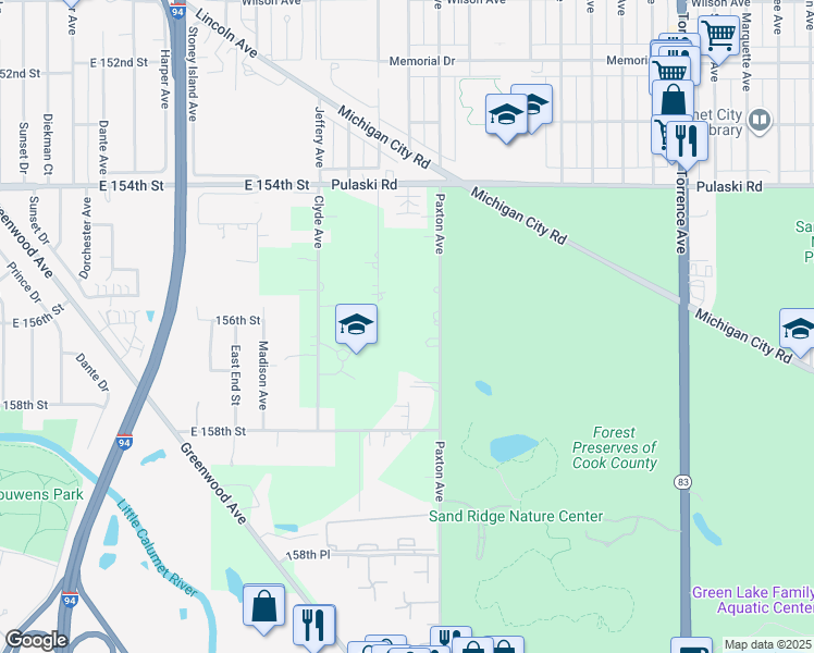 map of restaurants, bars, coffee shops, grocery stores, and more near 15600 Merrill Avenue in South Holland